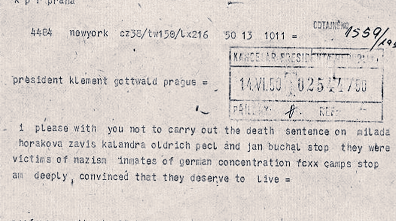 Dopis, který napsal Albert Einstein 14. 6. 1950 telegramem Klementu Gottwaldovi.