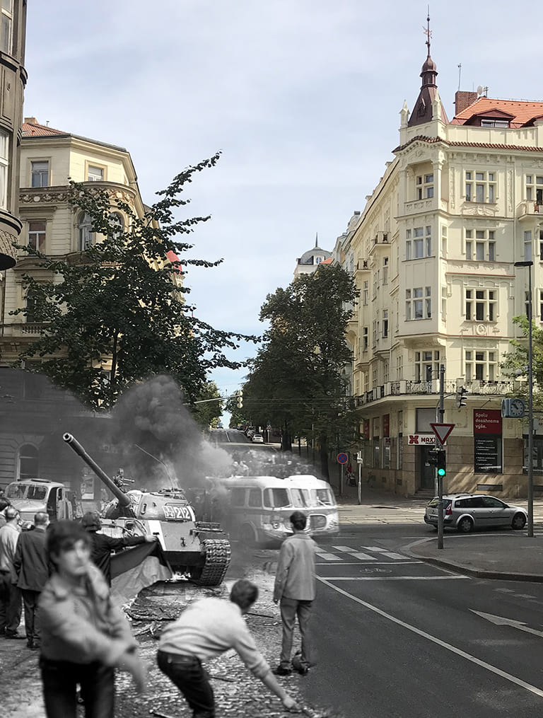 Vinohradská ulice, Praha Zdroj: Dobová fotografie Libor Hajský, novodobá fotografie Martin Škrabálek